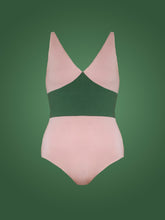 Load image into Gallery viewer, Pink Tencel Cleo bodysuit with V neck cups and green high waist band in front of green ombre background