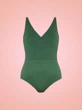 Load image into Gallery viewer, Green Tencel Cleo bodysuit with V neck cups and high waist band in front of pink ombre background