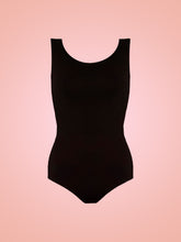 Load image into Gallery viewer, Black viscose jersey Harper bodysuit in front of pink ombre background