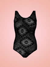 Load image into Gallery viewer, Deadstock black lace Gia bodysuit in front of pink ombre background