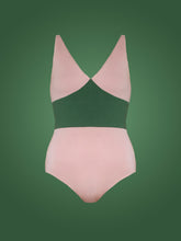 Load image into Gallery viewer, Pink Tencel Cleo bodysuit with V neck cups and green high waist band in front of green ombre background
