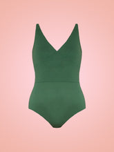 Load image into Gallery viewer, Green Tencel Cleo bodysuit with V neck cups and high waist band in front of pink ombre background
