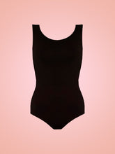 Load image into Gallery viewer, Black viscose jersey Harper bodysuit in front of pink ombre background
