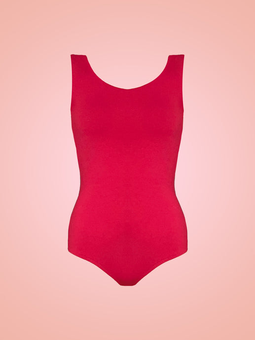 Hot pink viscose jersey Harper bodysuit in front of pink ombre background